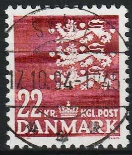 FRIMÆRKER DANMARK | 1987 - AFA 876 - Rigsvåben 22 Kr. matrød - Lux Stemplet Skive